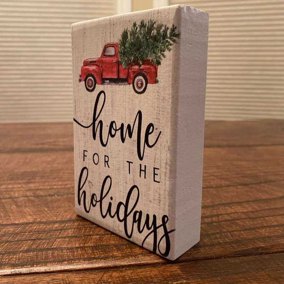 Farmhouse Home For The Holidays Red Truck & Christmas Tree Wood Tier Tray Sign - Picture 10 of 12